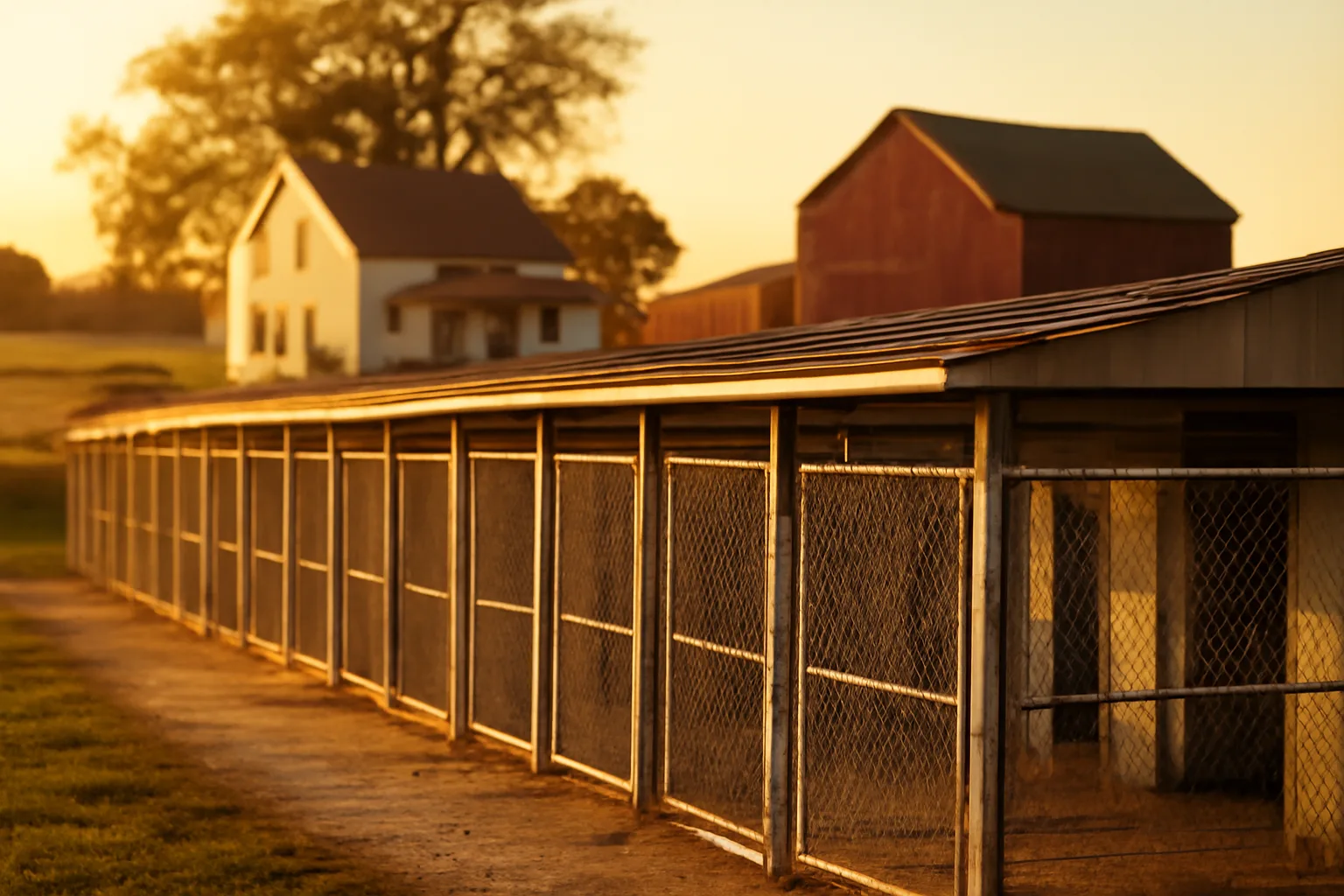 Rural Illinois kennel facility with outdoor dog runs at golden hour