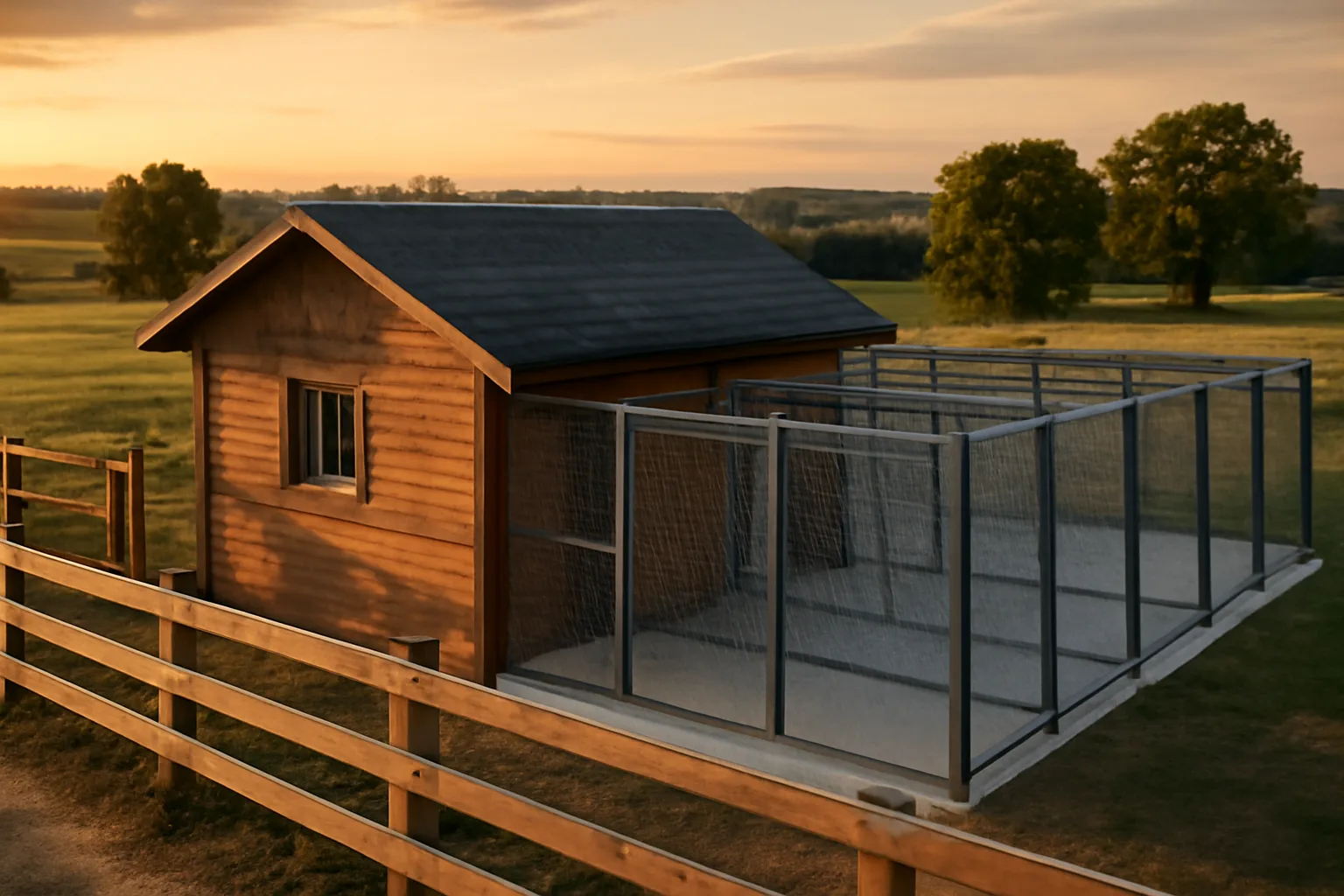 Rural home kennel with fenced dog runs used for licensed dog breeding operations