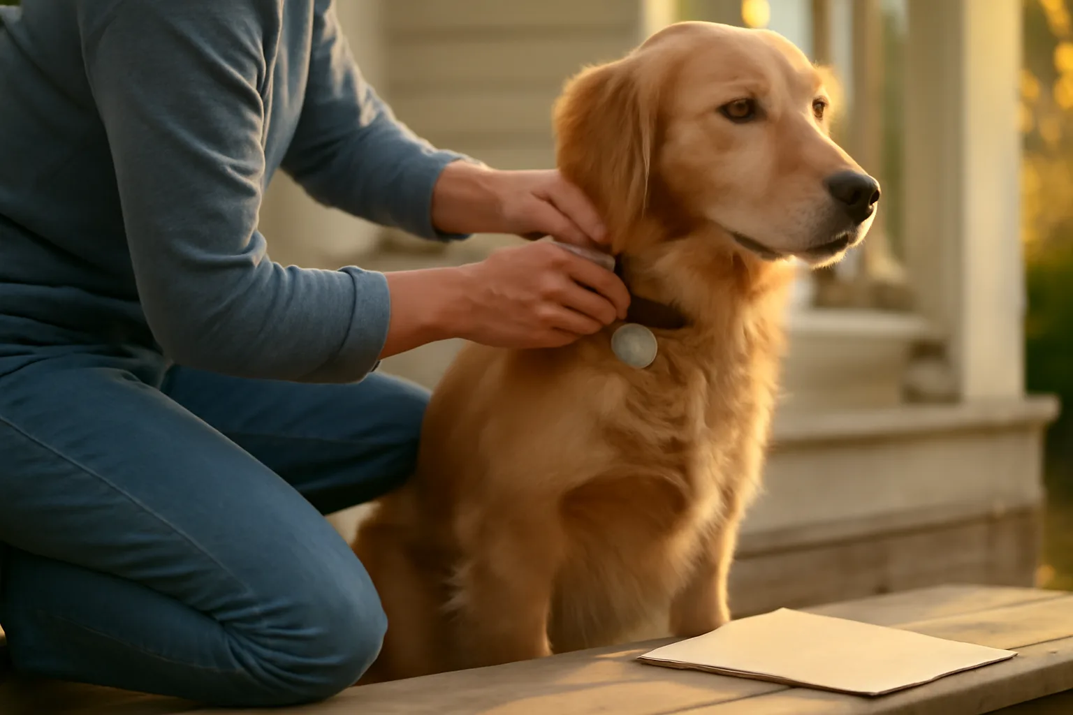 Person attaching a license tag to a dog's collar outdoors