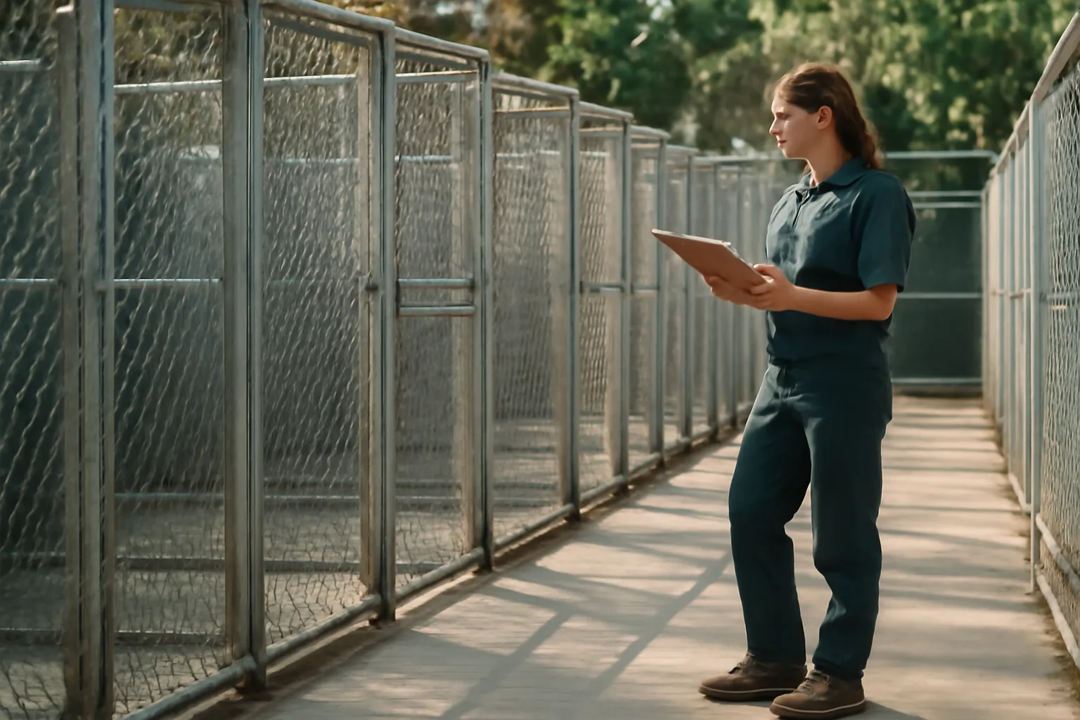 Kennel yard with dog runs during a licensing facility inspection in California