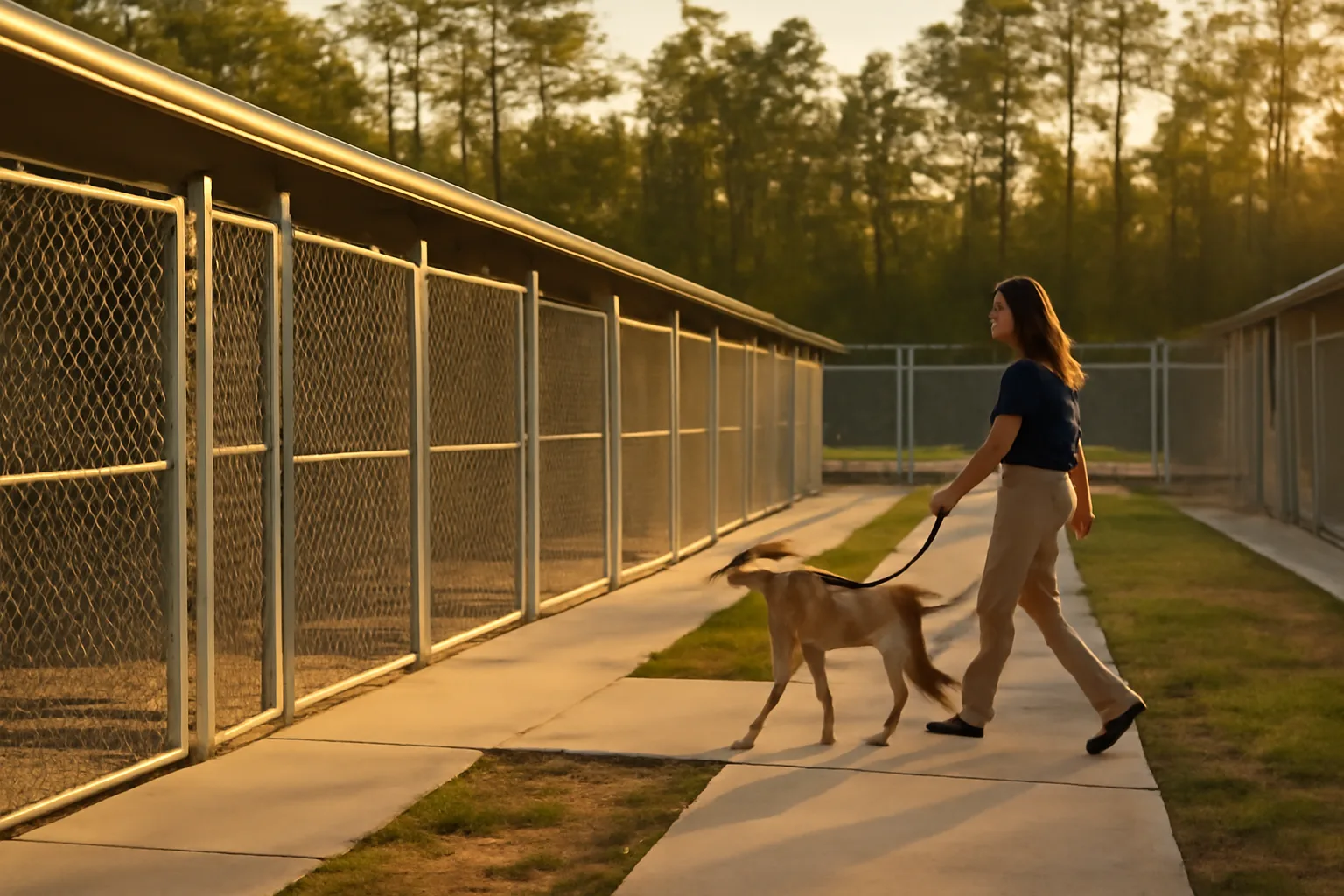 Outdoor kennel runs at a licensed Georgia dog boarding facility at sunset