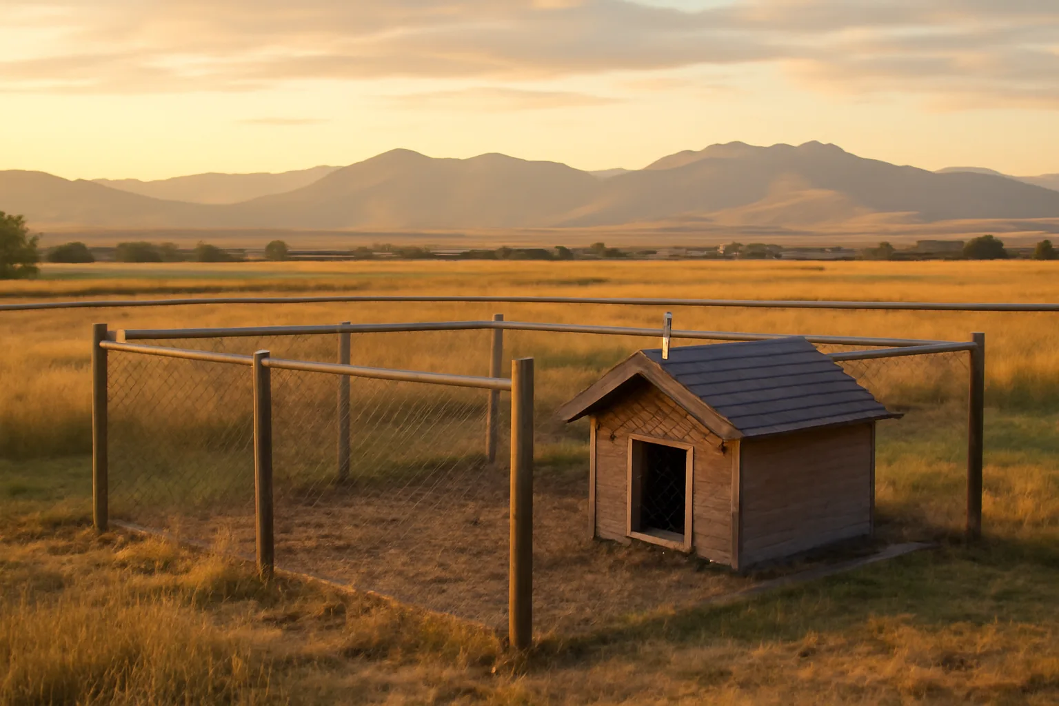 Rural Idaho property with fenced dog kennel runs and mountains at dusk