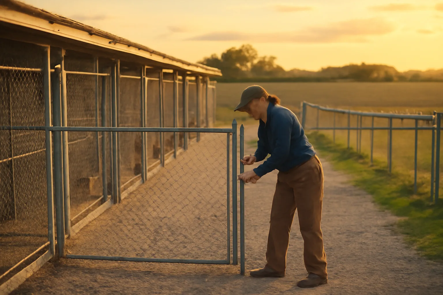 Kennel facility owner inspecting fencing at an Indiana dog boarding kennel