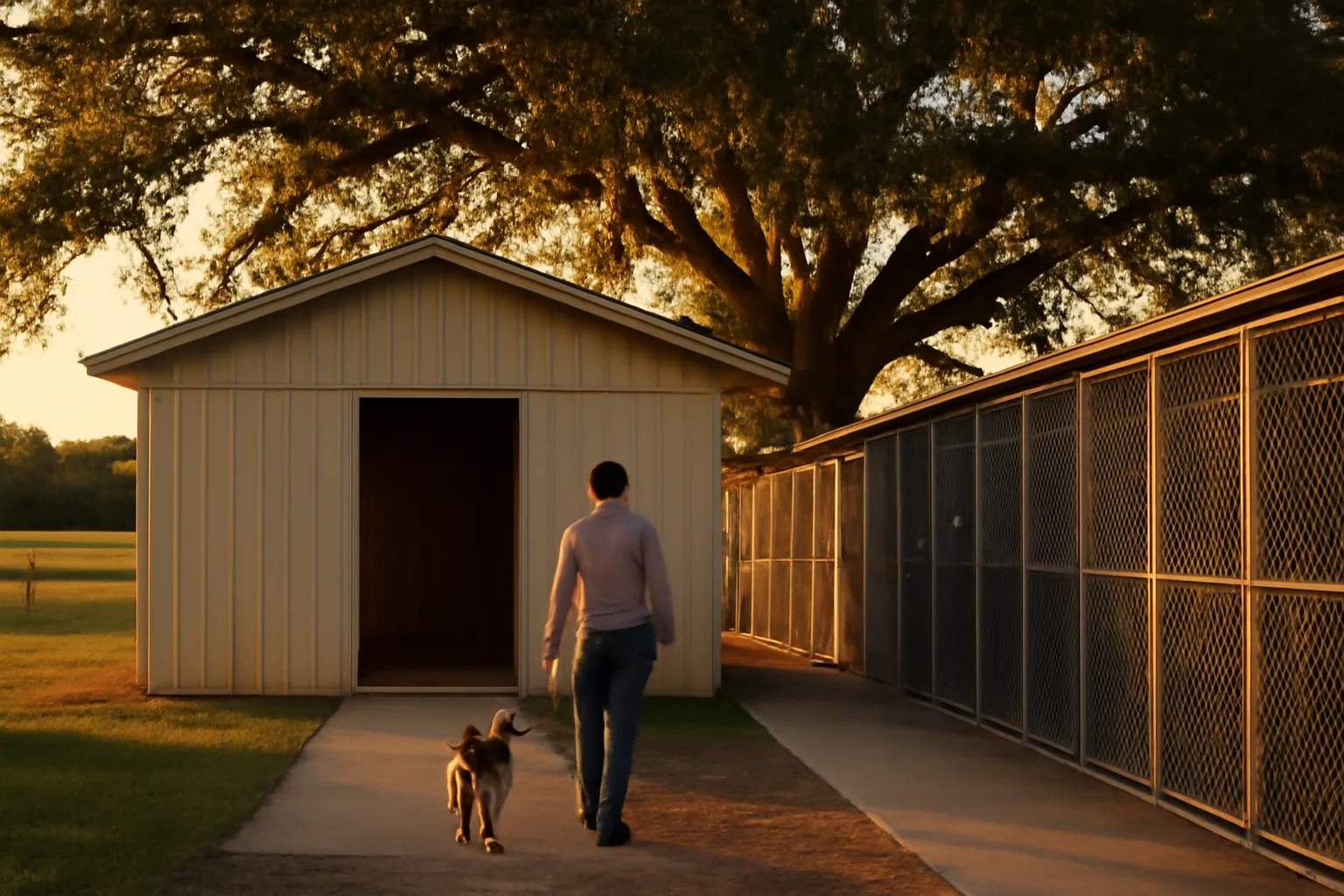 Rural Louisiana kennel facility exterior with dog runs at golden hour