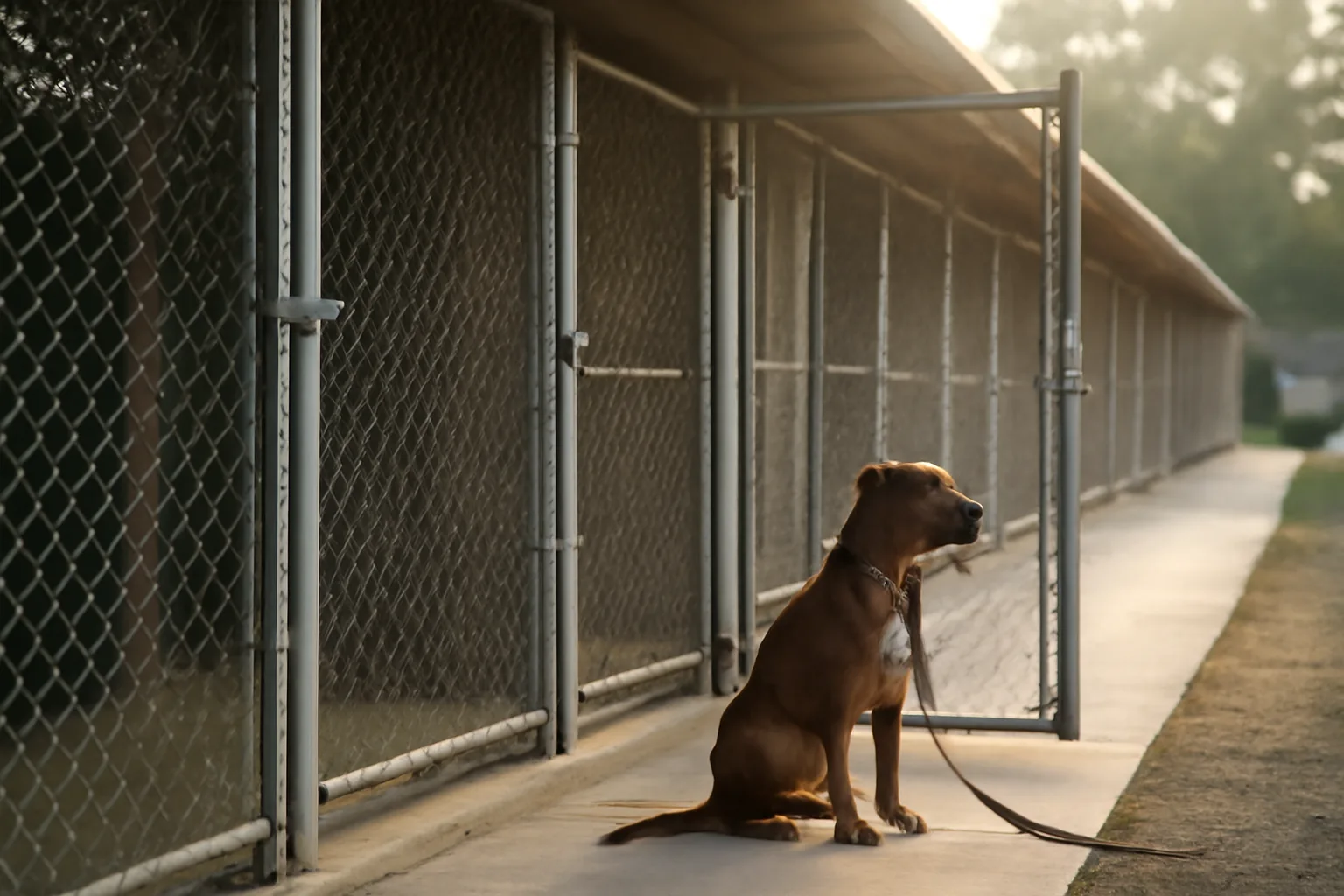 Outdoor kennel runs at a Massachusetts dog boarding facility in morning light