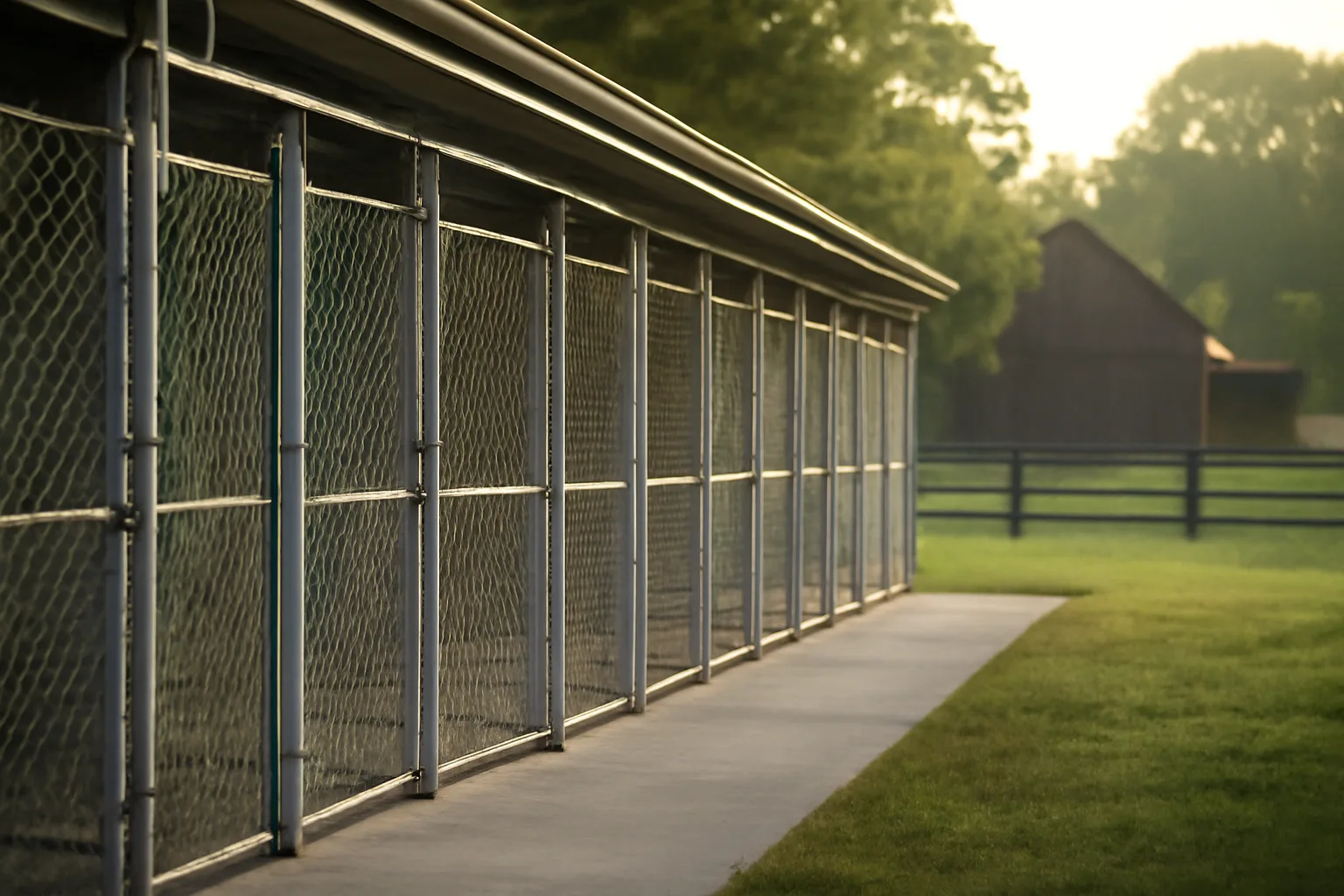 Outdoor kennel runs on a rural New York property used for licensed dog boarding