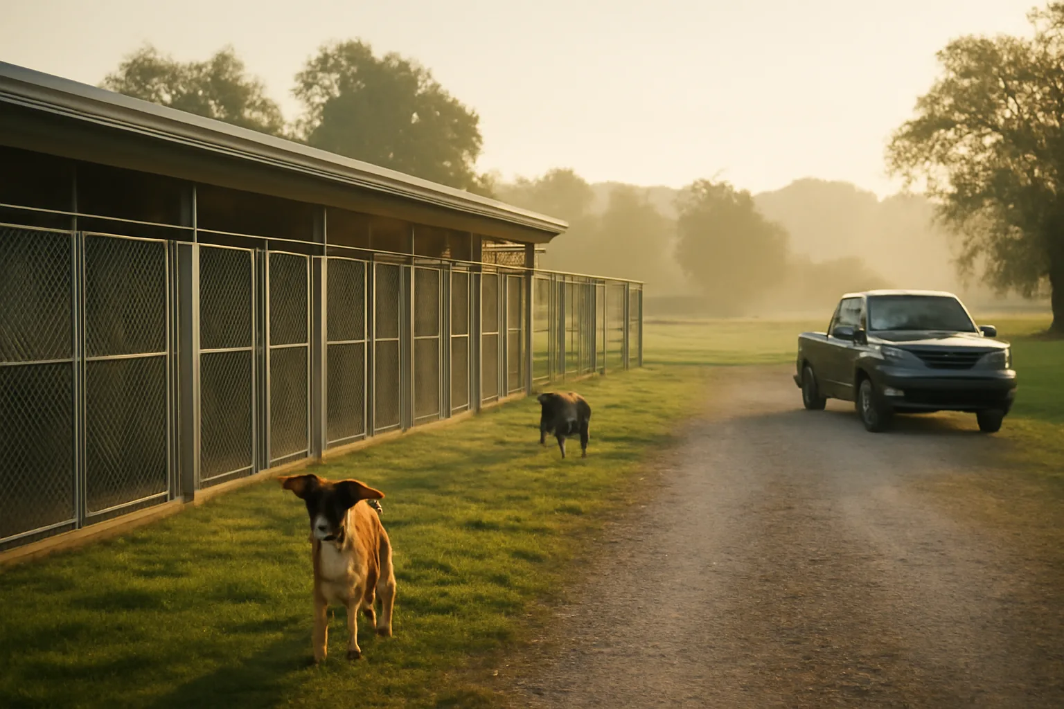 Rural Ohio kennel facility with outdoor dog runs in morning light