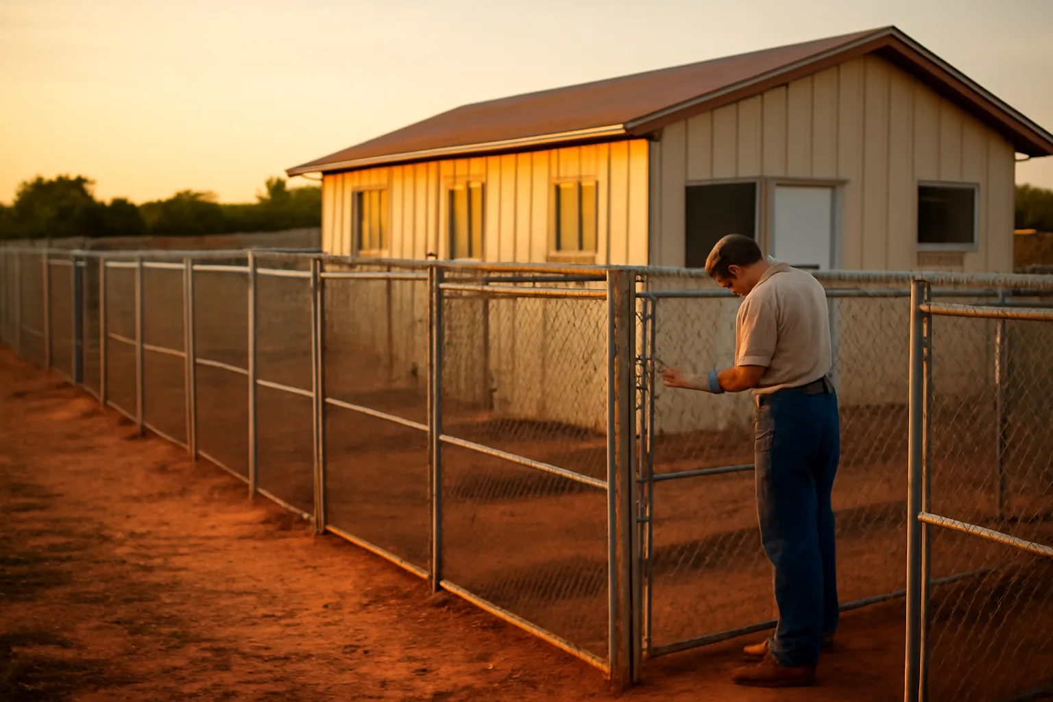 Outdoor dog kennel runs at a rural Oklahoma boarding facility at sunset