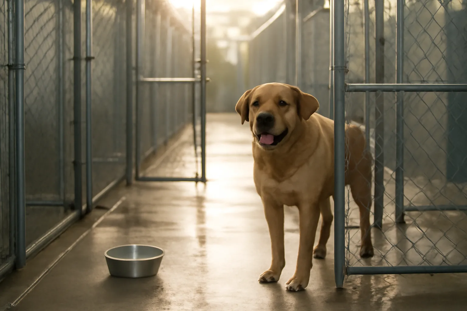 Outdoor kennel runs at a Texas boarding facility in morning light