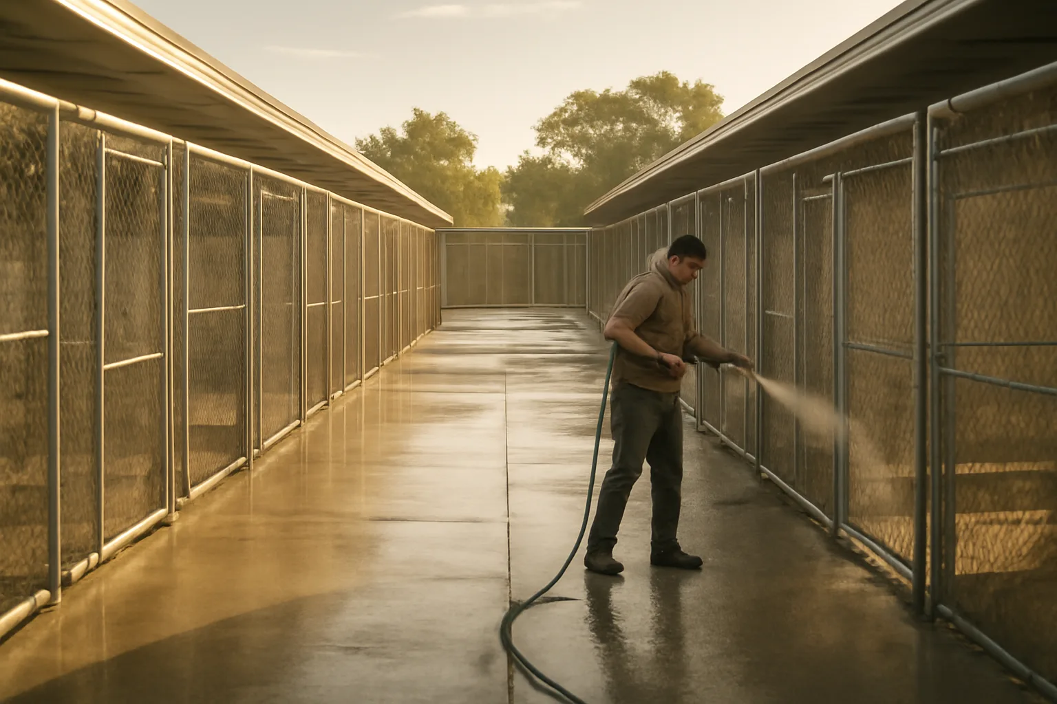 Kennel facility worker hosing down outdoor dog runs in early morning light