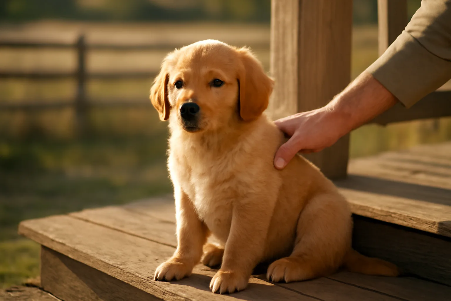 Puppy sitting outdoors with owner's hand resting on its back near a home