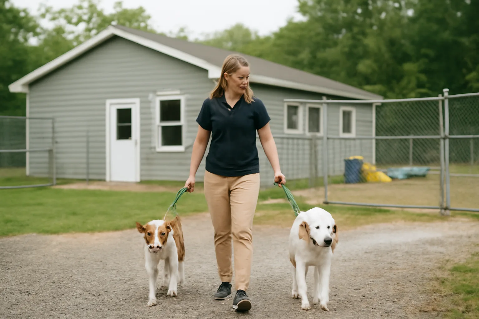 Staff member walking two dogs outside a licensed dog boarding facility yard