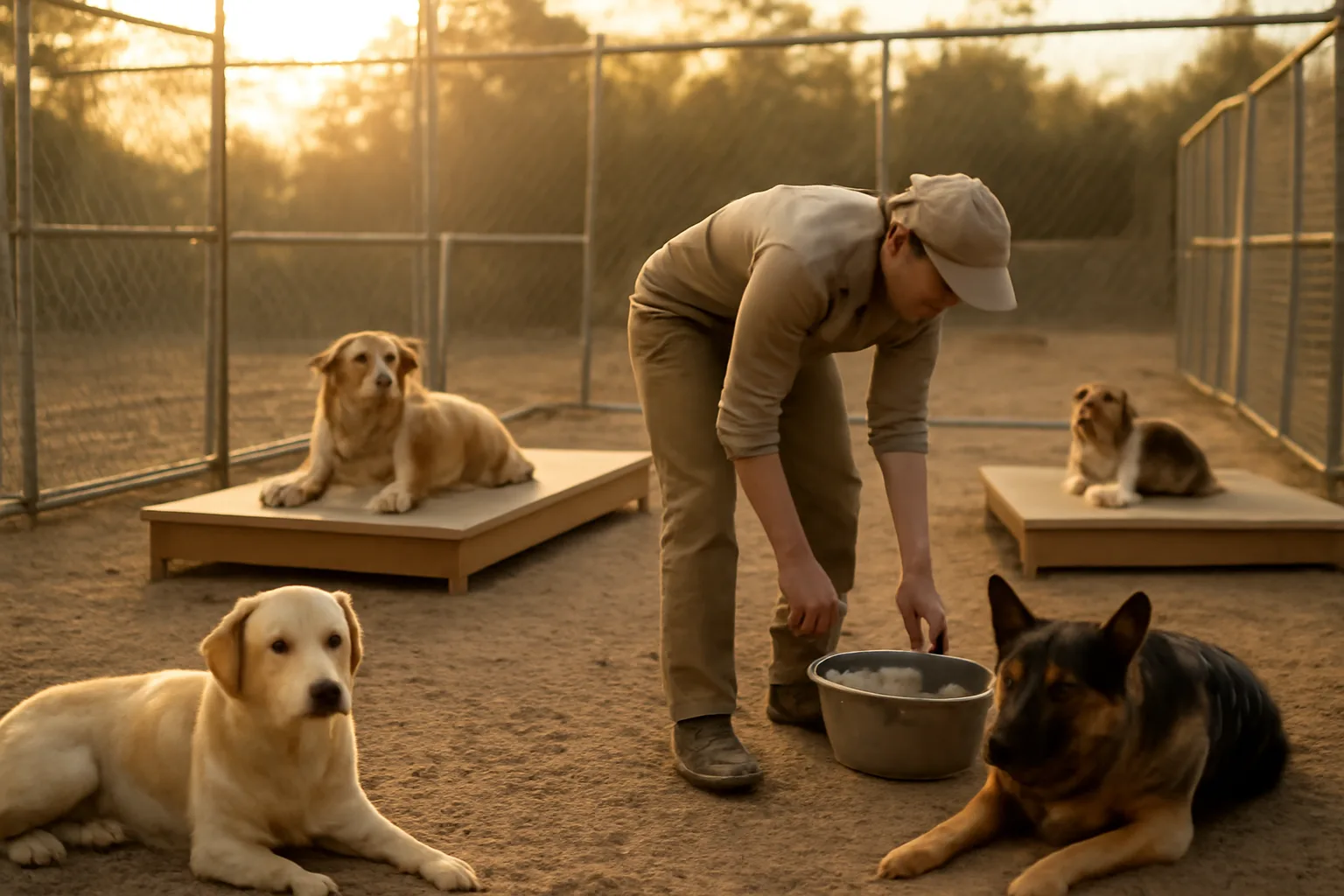 breeder checking outdoor kennel runs while researching how to get a dog breeding license
