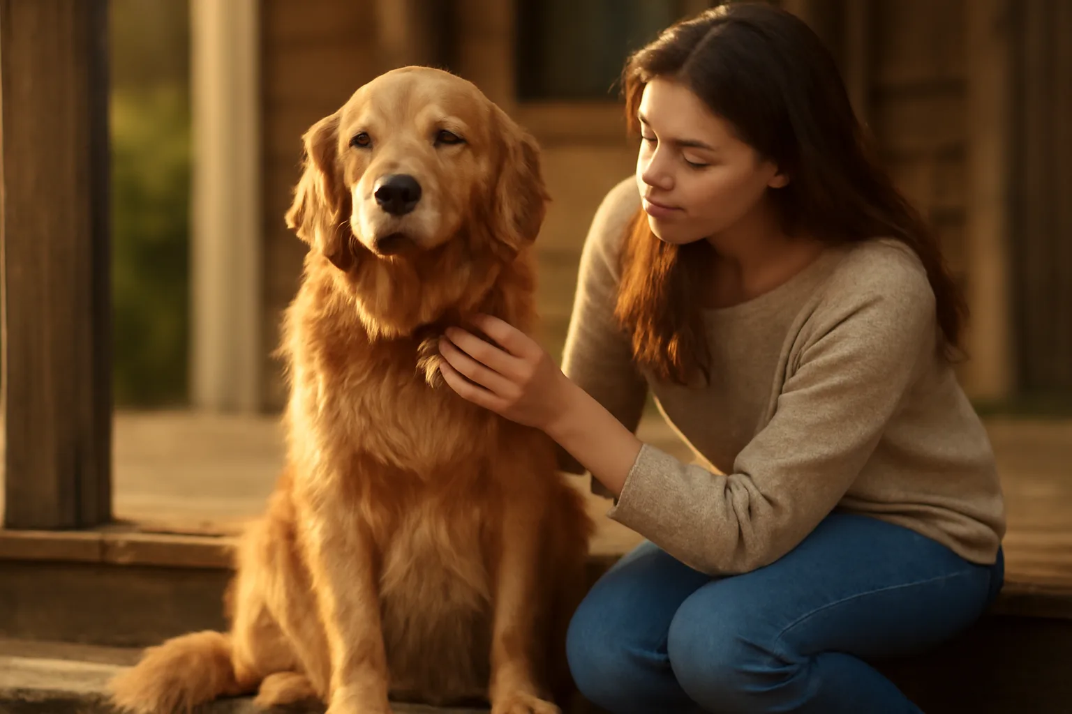 Woman fastening a license tag to a dog's collar on a porch at sunset