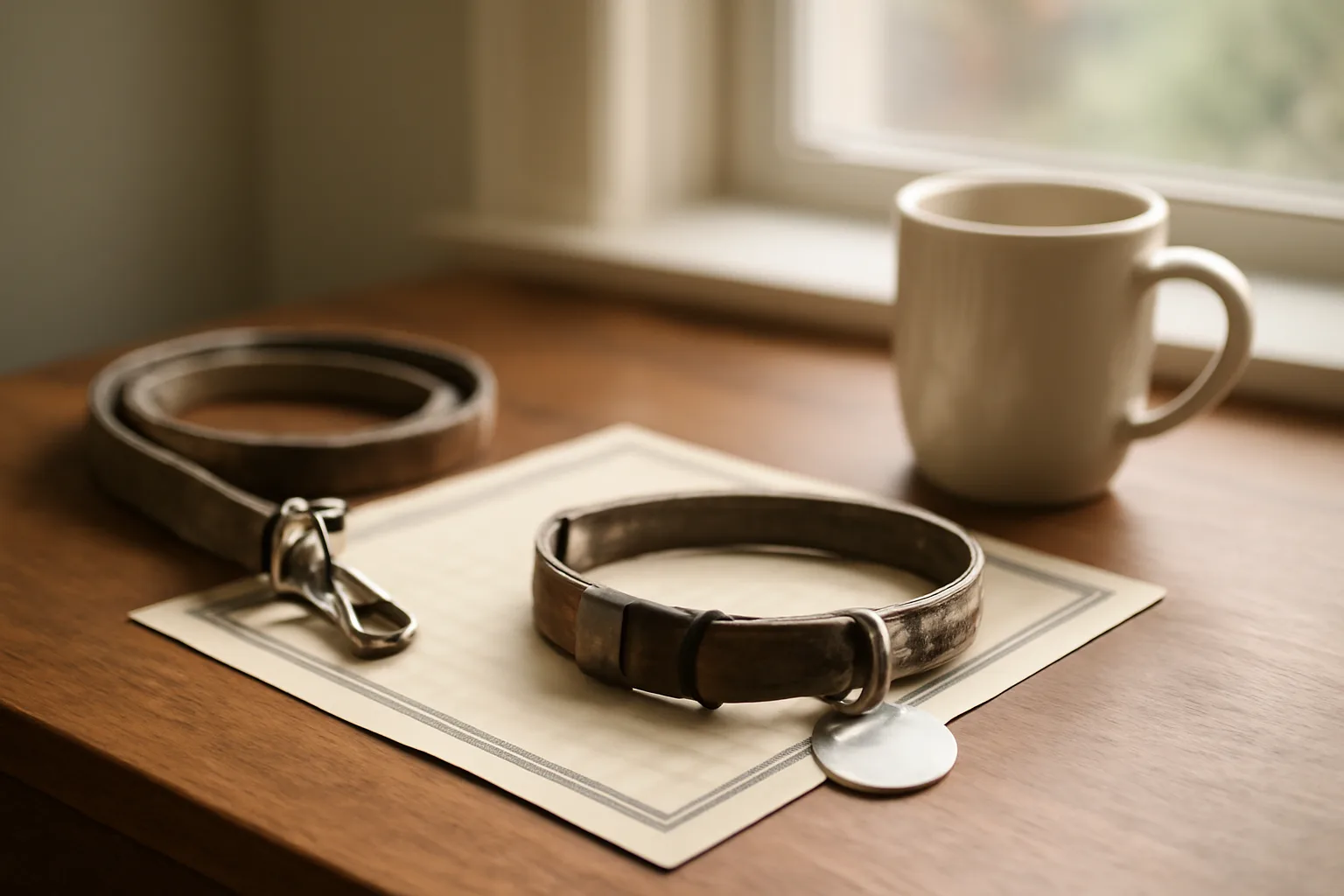 Rabies certificate, dog collar with license tag, and leash on a desk in morning light