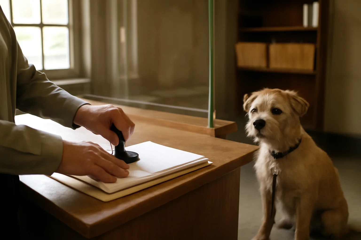 Clerk processing kennel license paperwork at a county office counter with a waiting dog