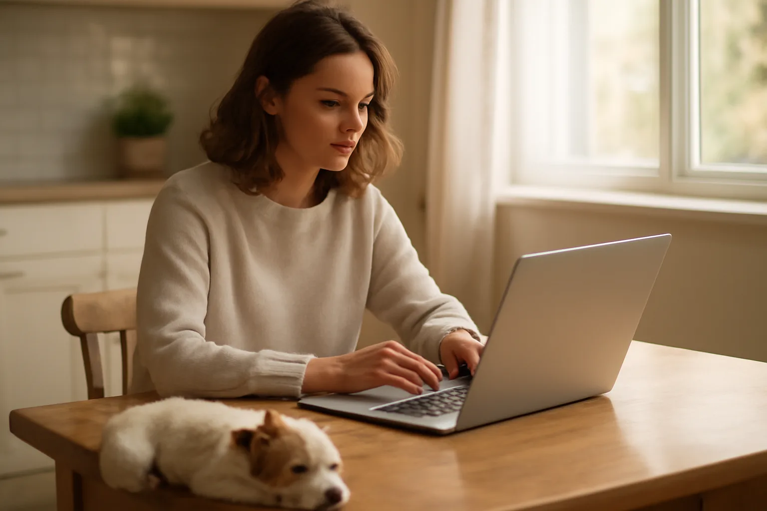 Person searching for a dog breeder license on a laptop with a small dog nearby
