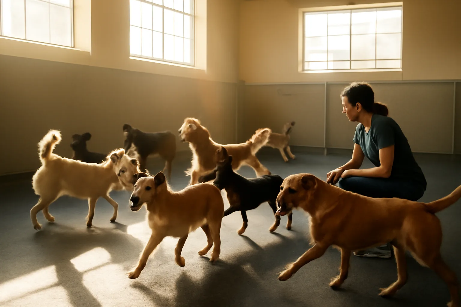 Staff member supervising several dogs playing inside a bright dog daycare facility