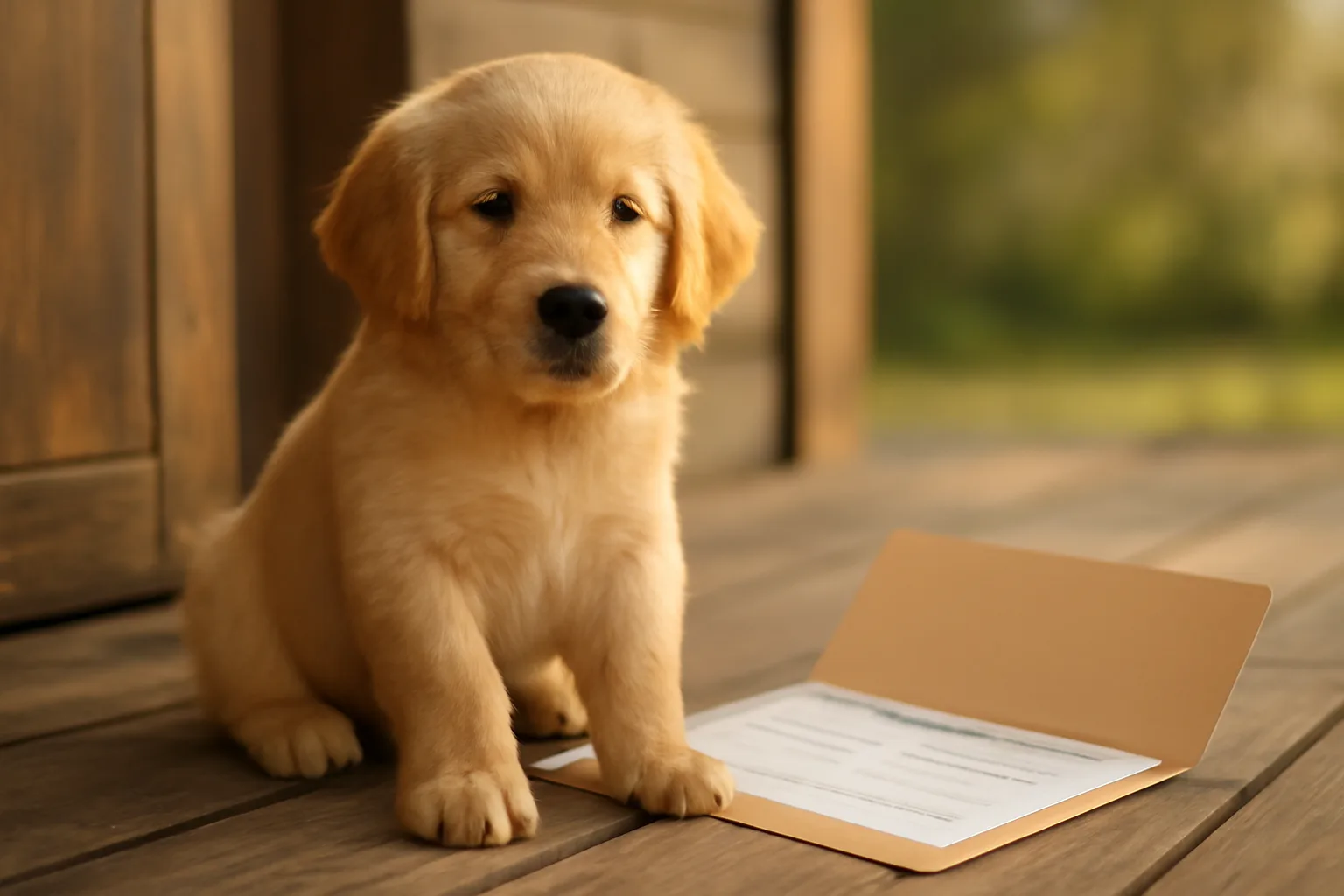 Puppy on a porch next to paperwork, representing how to register an AKC dog