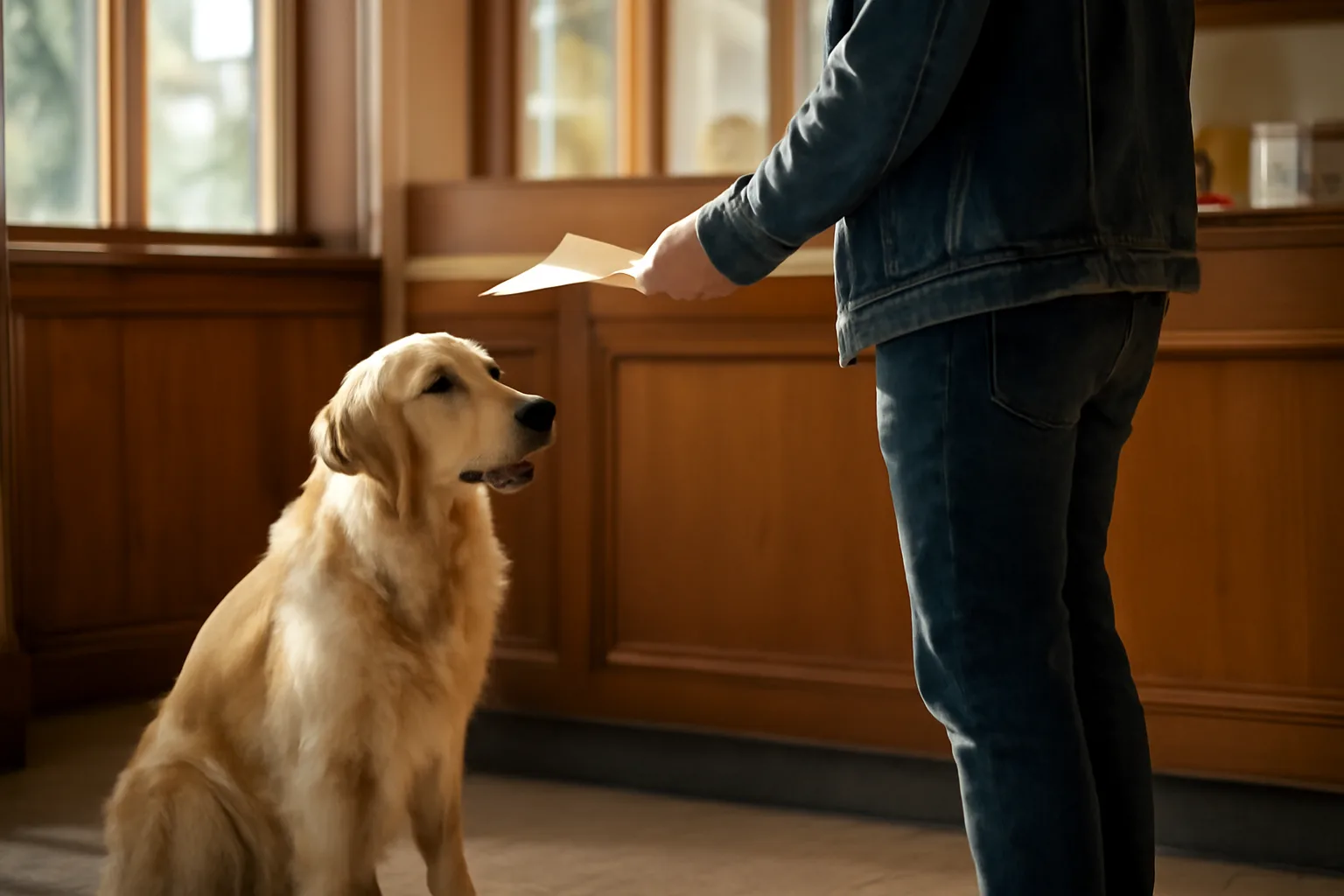 dog owner registering a dog at a county clerk office counter