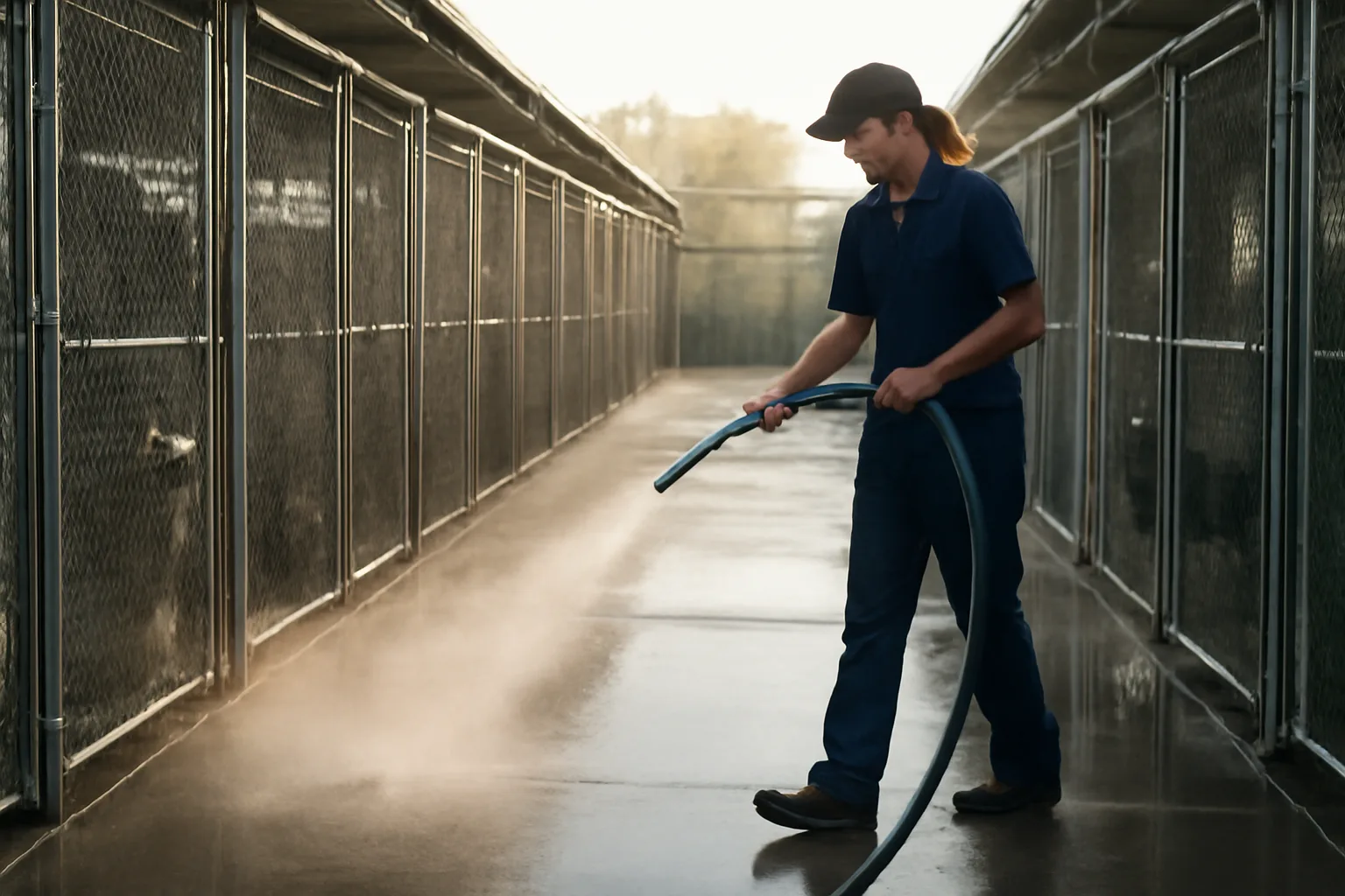 Staff member cleaning outdoor dog kennel runs at a boarding facility in early morning light