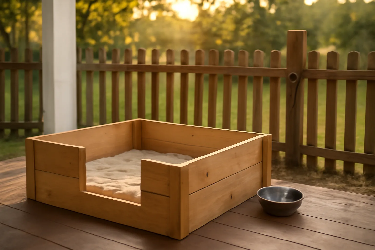 Backyard whelping box and dog supplies on a covered porch at dusk