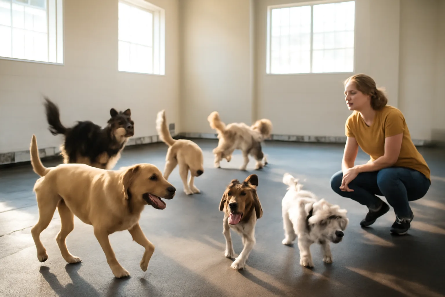 Staff member supervising dogs playing inside a sunlit dog daycare facility