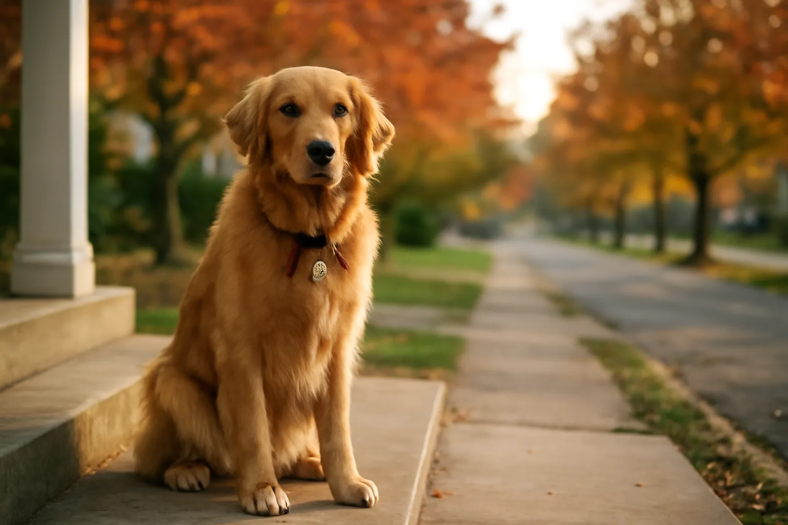 Dog wearing a collar tag on a porch step, representing Howard County Maryland dog license requirements