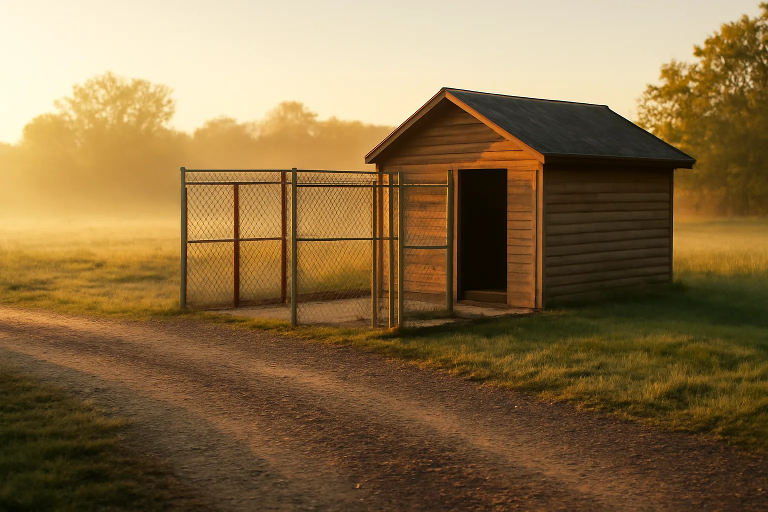 Rural kennel building and dog run at dawn representing dog breeding facility rules