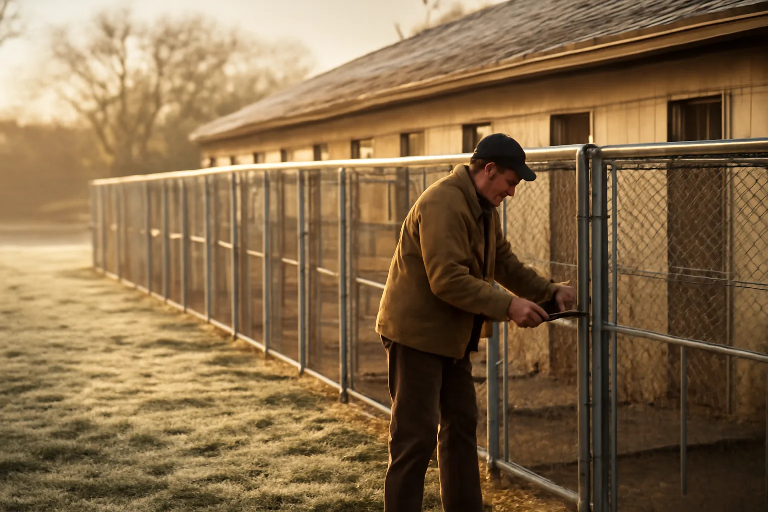 Illinois breeder checking outdoor dog kennel runs at sunrise