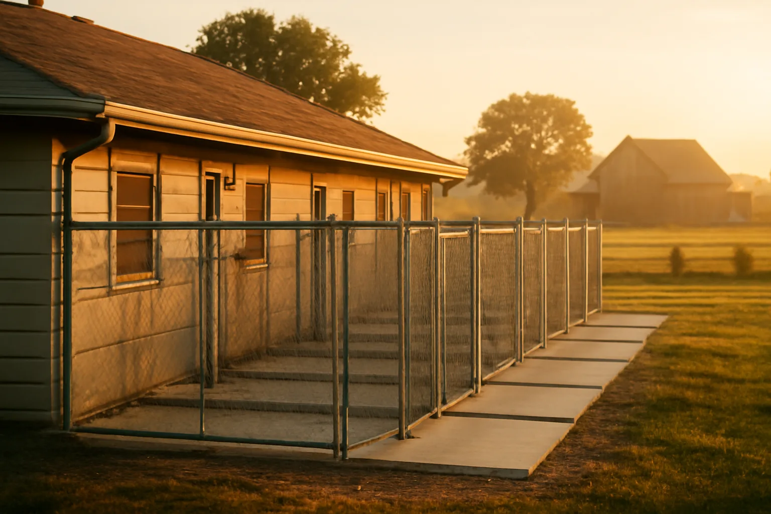 Rural Illinois kennel facility with outdoor dog runs at golden hour
