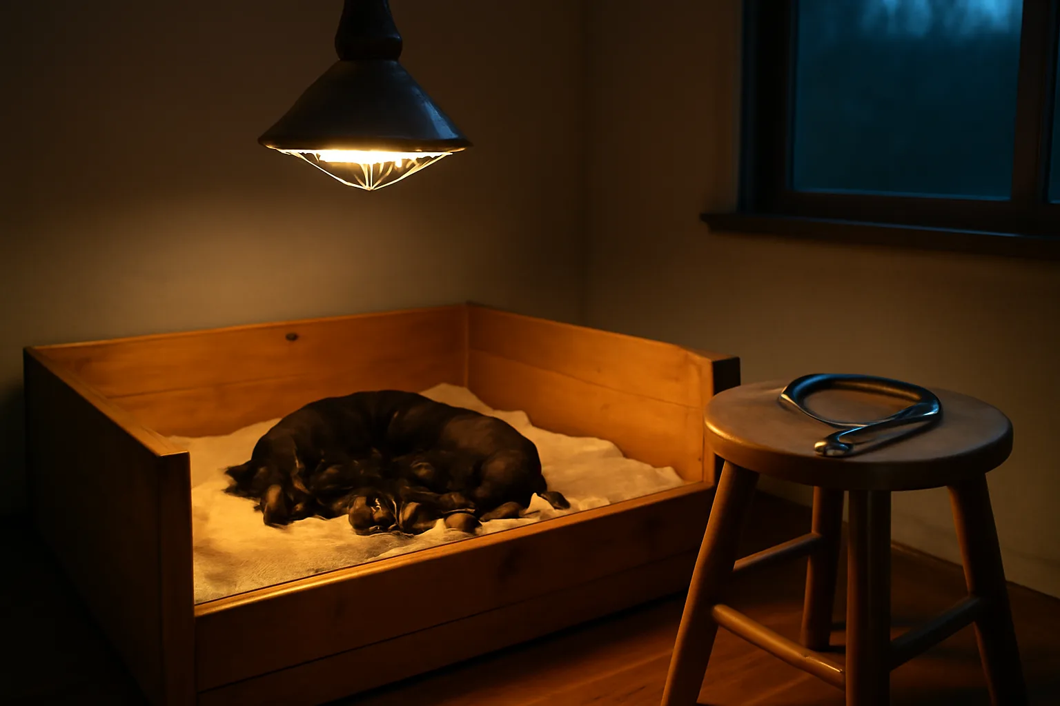 Newborn puppy litter nursing in a home whelping box under a heat lamp