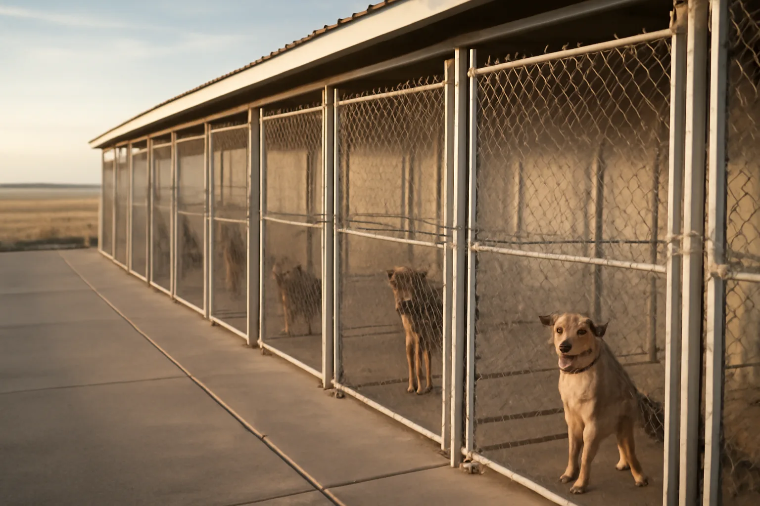 Rows of outdoor kennel runs at a Kansas dog boarding facility in morning light