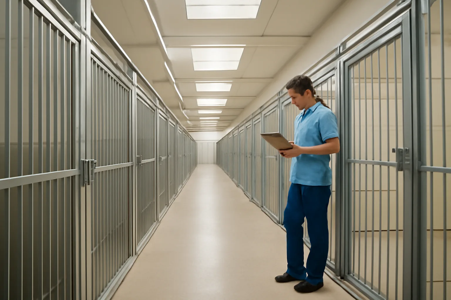Rows of kennel runs inside a licensed commercial dog boarding facility