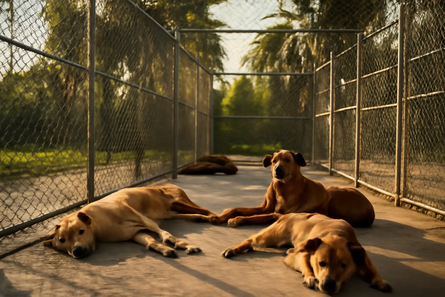 Outdoor dog kennel runs at a Florida boarding facility in late afternoon sun