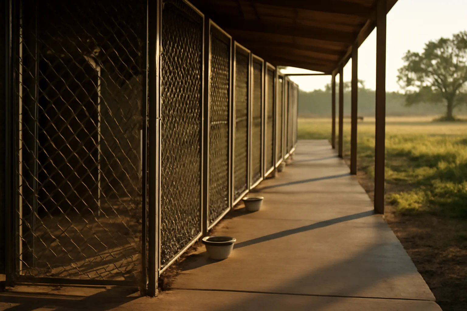 Outdoor kennel runs at a Georgia dog boarding facility in early morning light