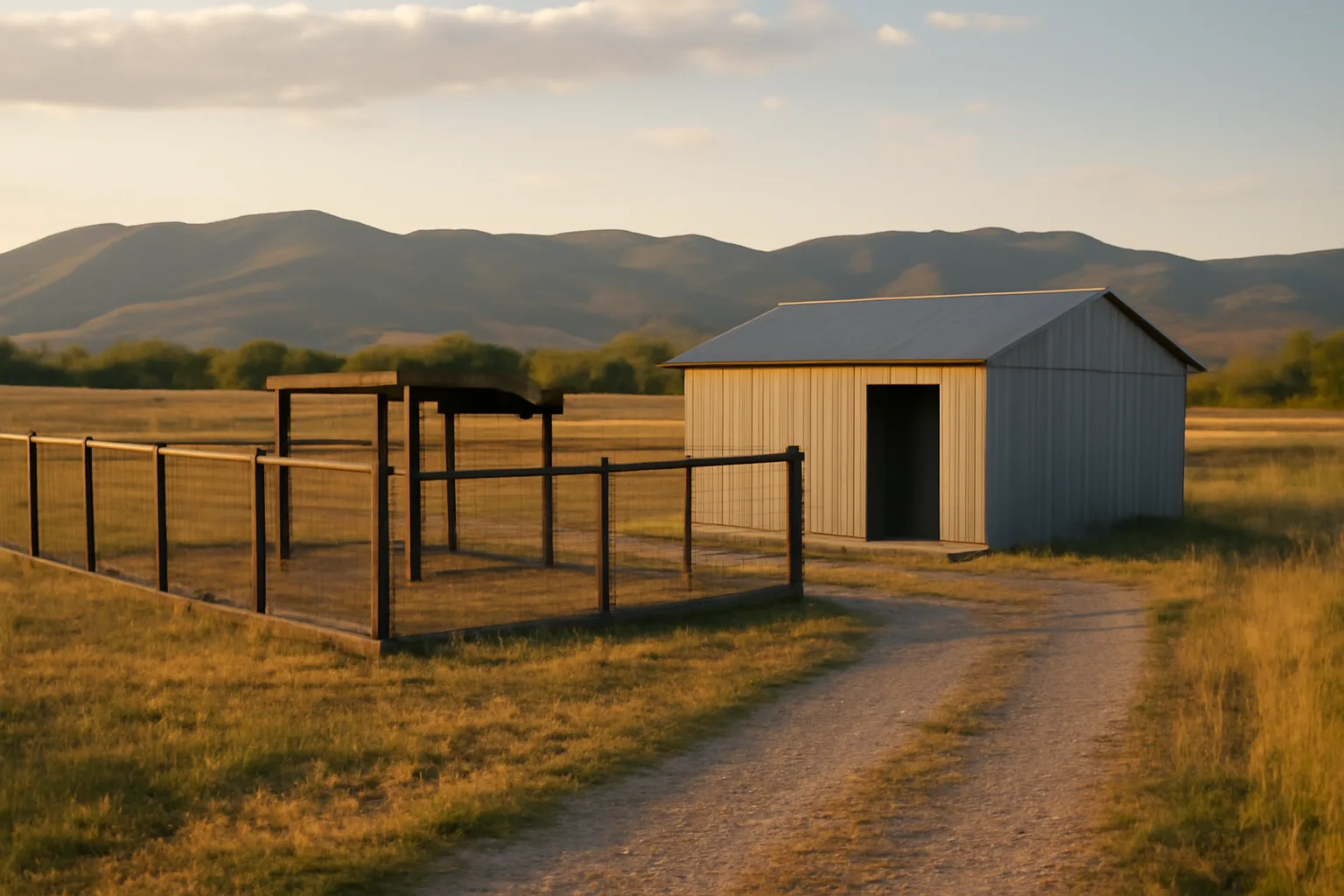 rural Idaho property with fenced dog run and kennel building at sunset