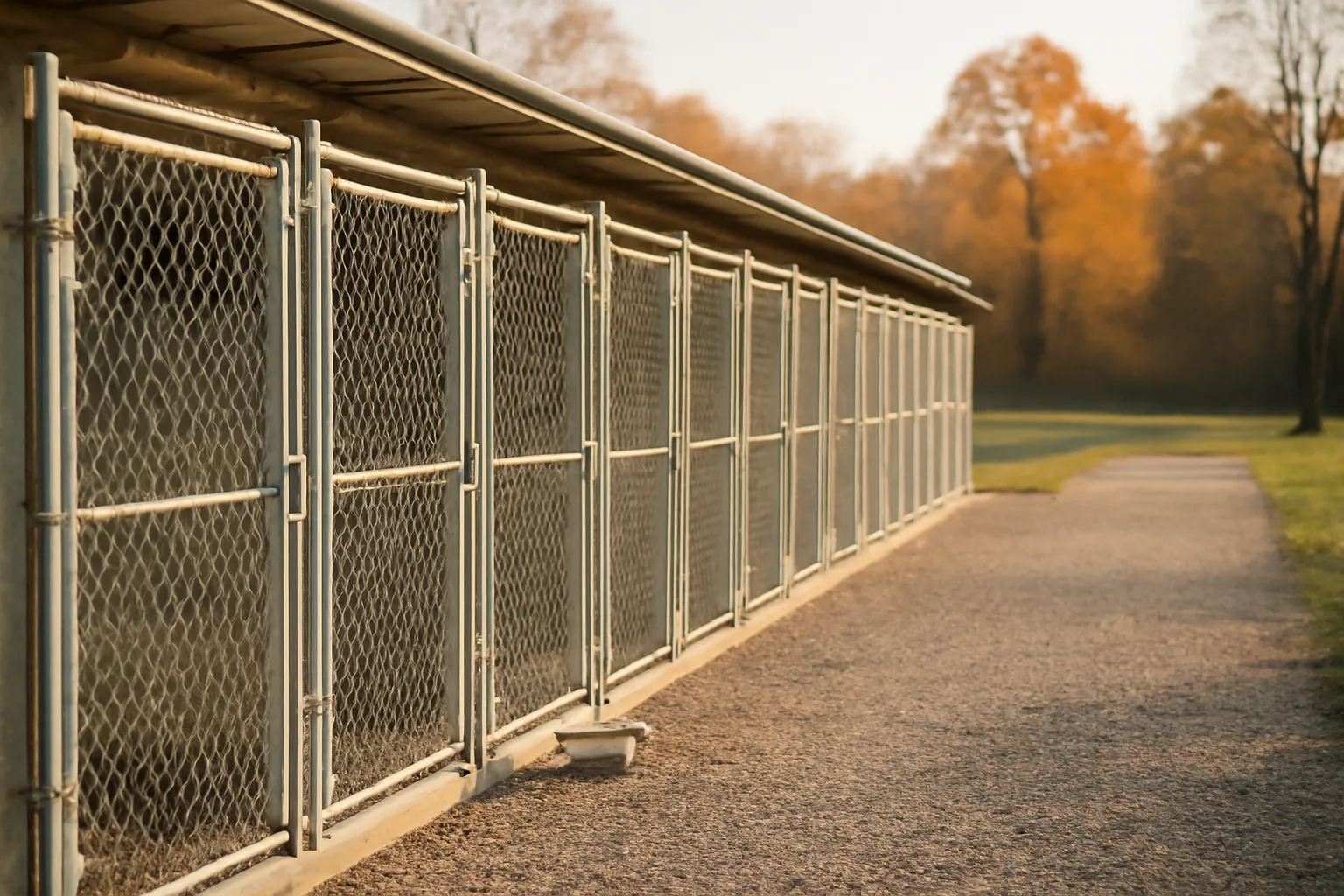 Outdoor kennel runs on a rural Michigan property used for licensed dog boarding