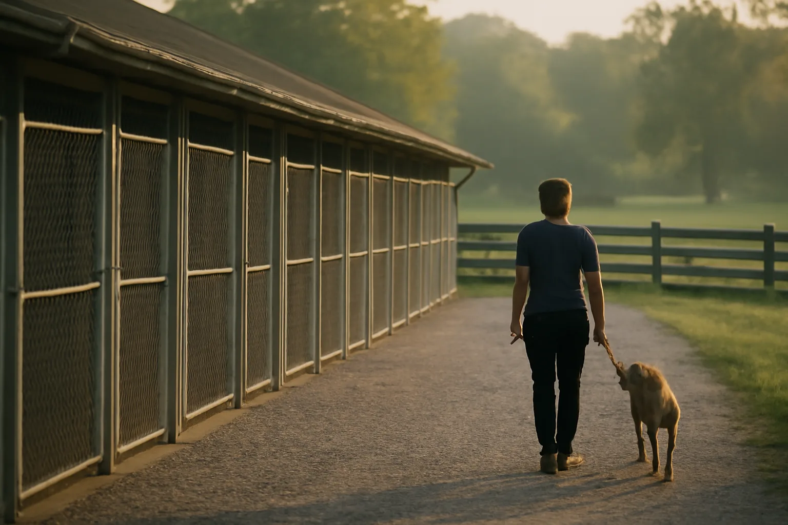 Rural Kentucky dog boarding kennel with outdoor runs in early morning light