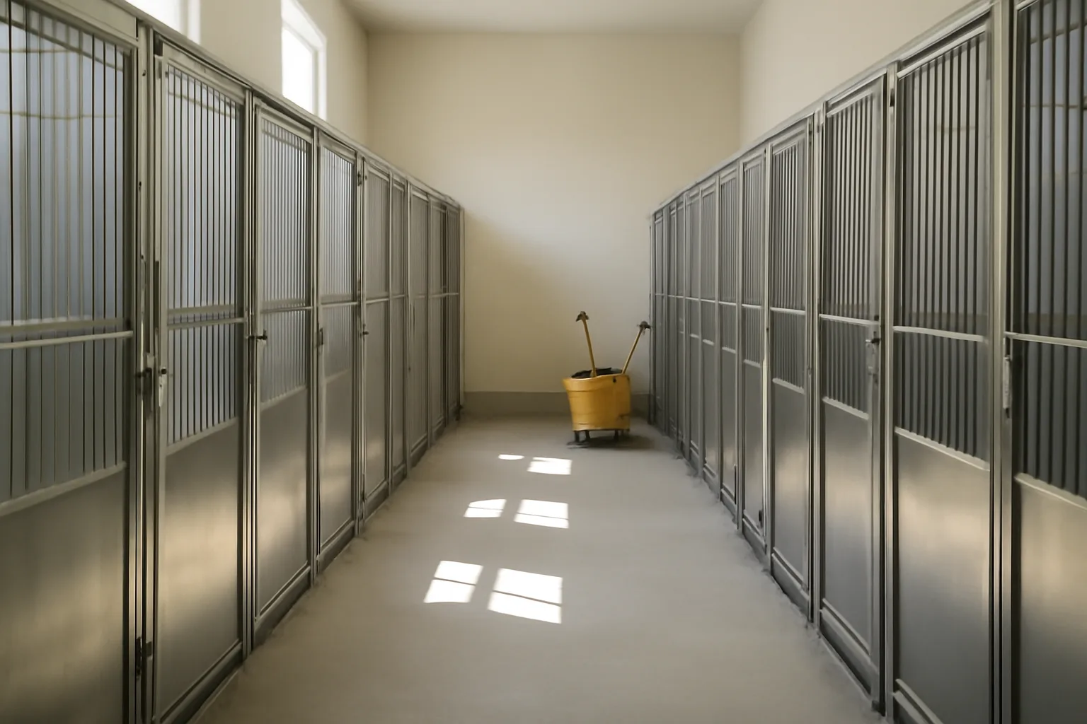 Sunlit commercial kennel hallway with stainless steel dog runs and cleaning bucket