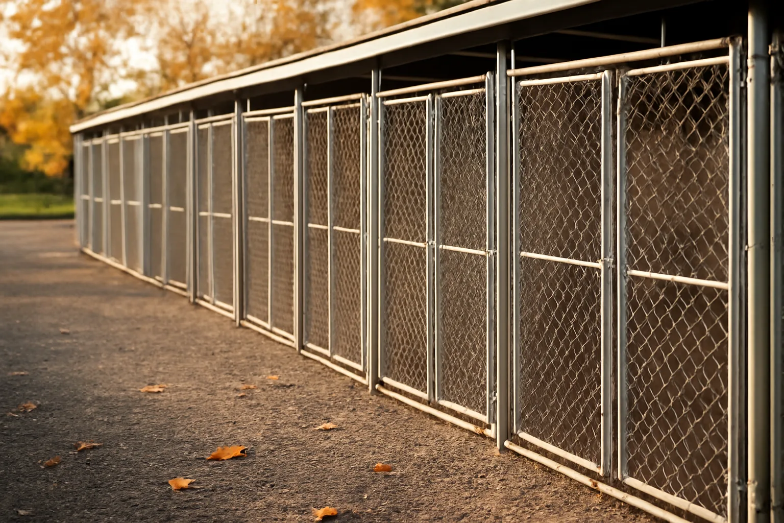 Outdoor kennel runs on a rural Minnesota property in autumn light