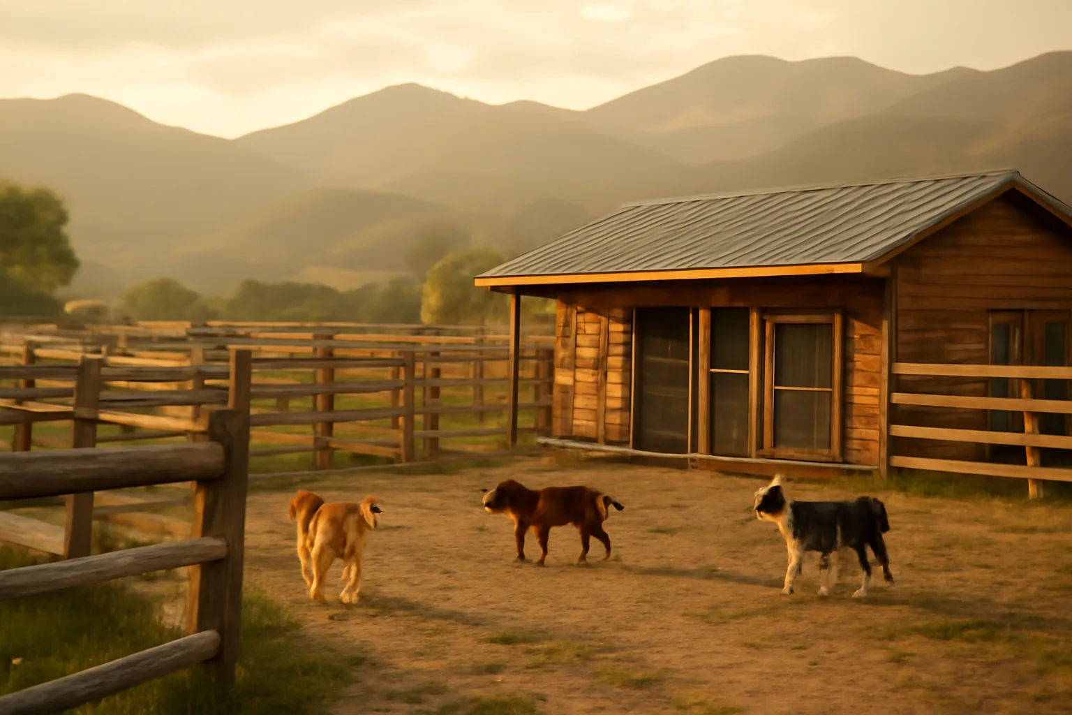 Outdoor dog runs at a rural Montana kennel with mountains in the background