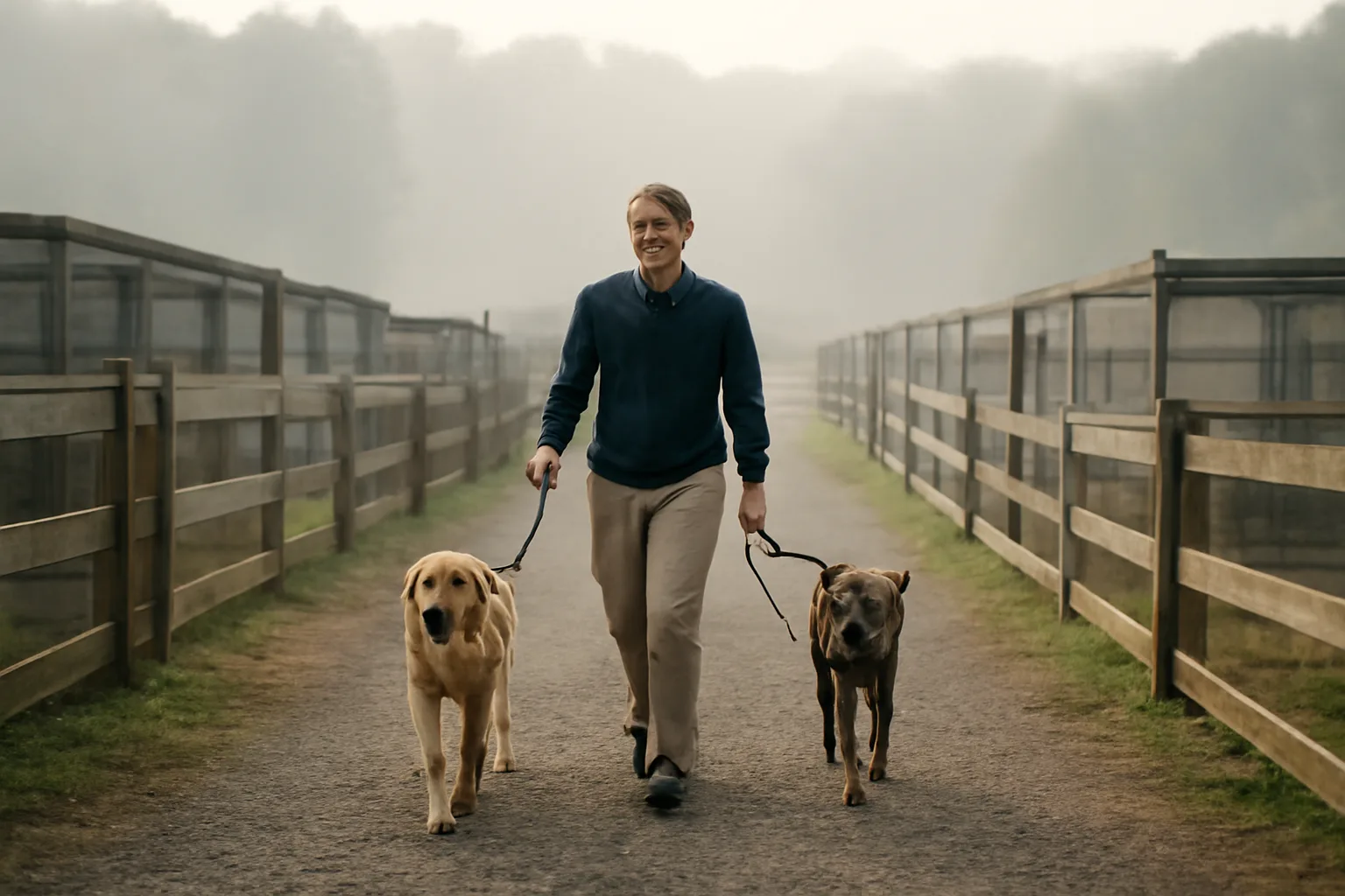 Handler walking two dogs past outdoor runs at a rural New York kennel at dawn