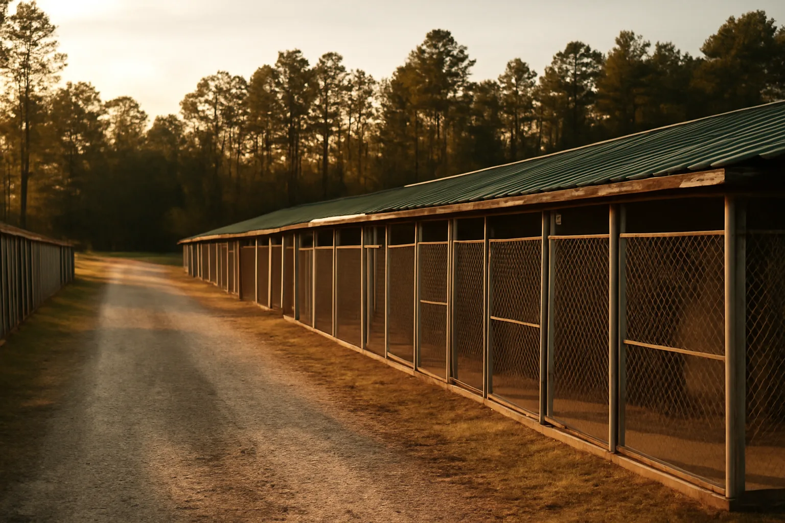 Outdoor dog kennel runs on a rural Georgia property at sunset