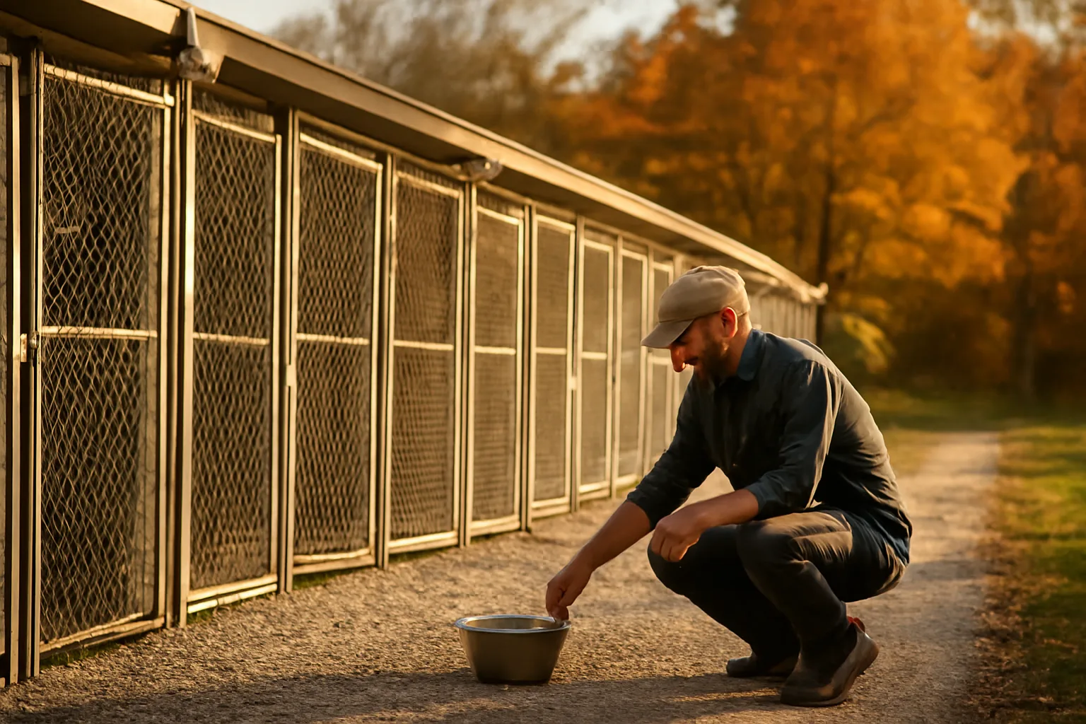 Outdoor kennel runs at an Ohio dog boarding facility in late afternoon light