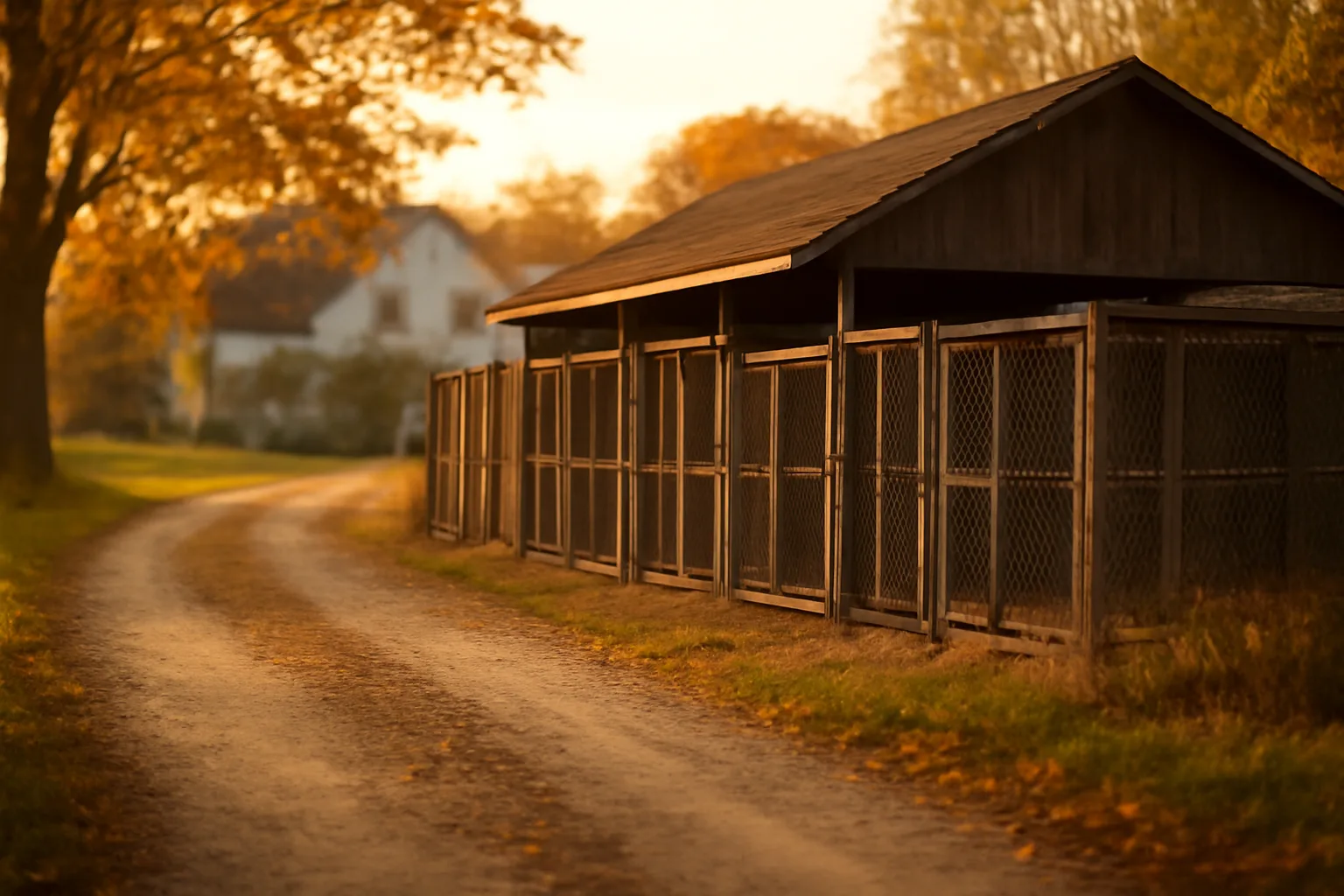 Rural Wisconsin kennel building with outdoor dog runs at golden hour