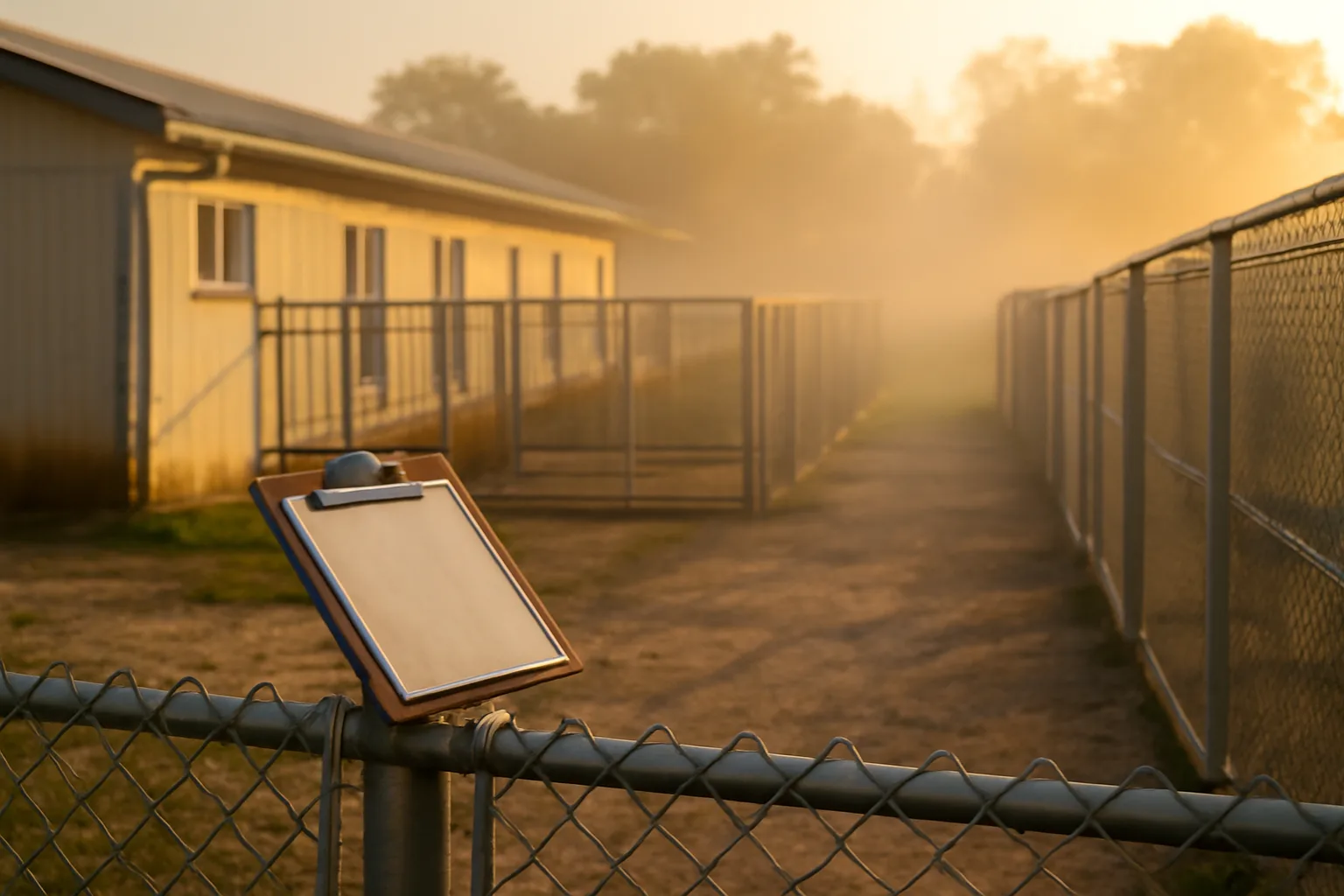 Outdoor dog kennel runs at sunrise illustrating kennel license requirements for breeders