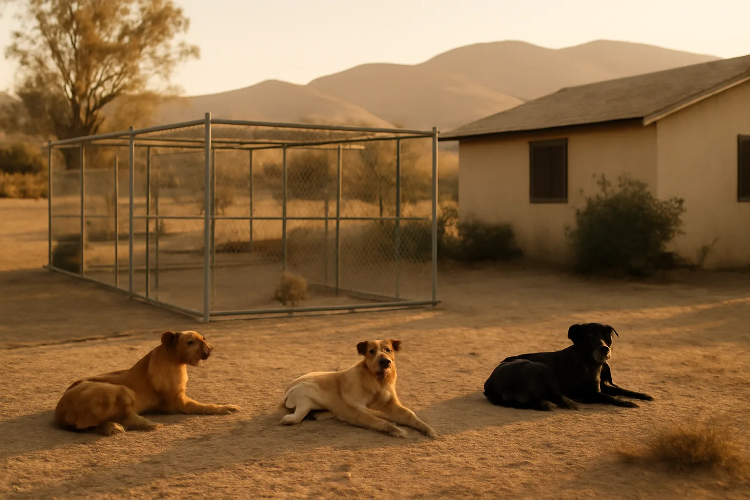Kennel runs on a rural San Bernardino County property at sunset