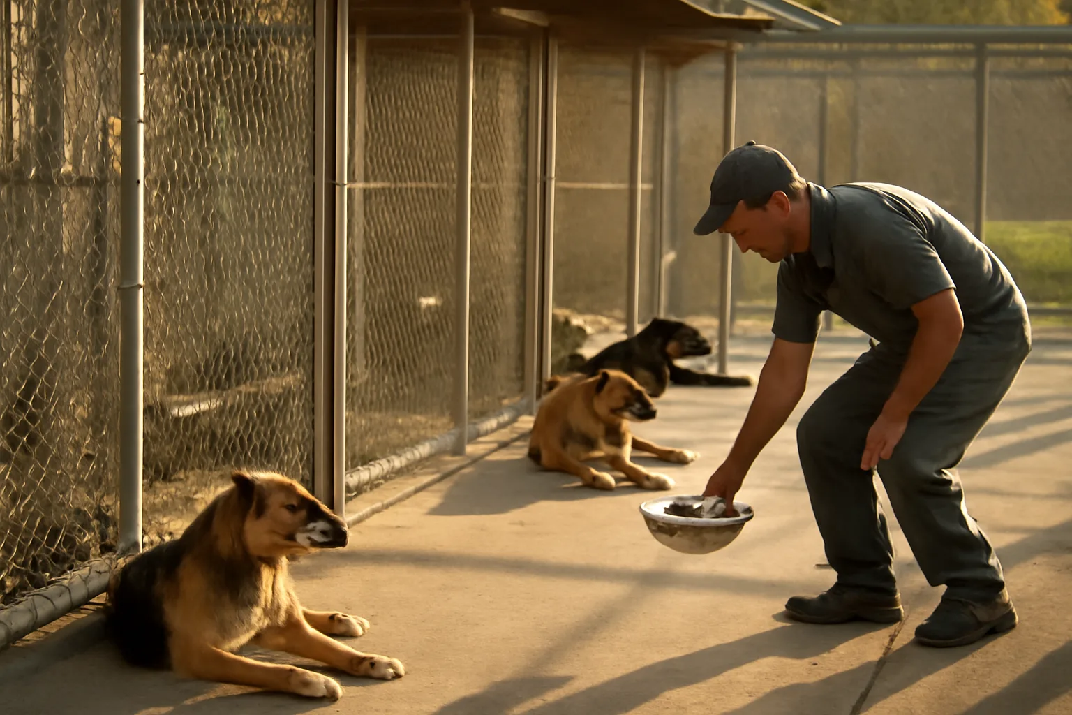 Outdoor kennel runs with dogs resting in shaded pens at a boarding facility