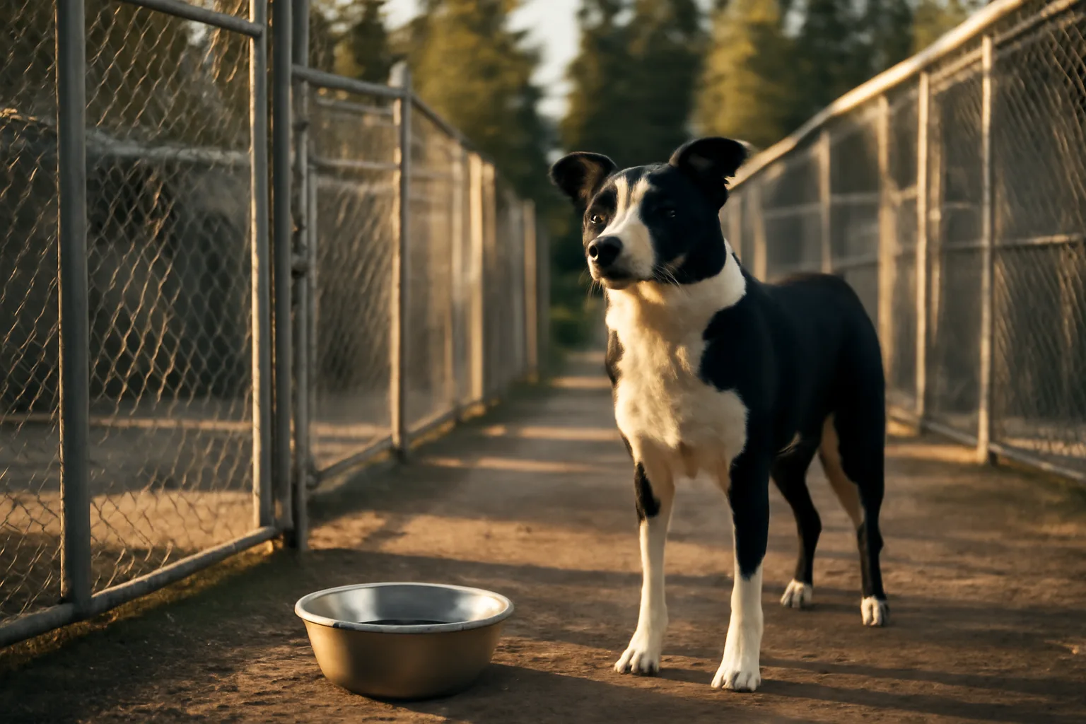 Outdoor kennel runs at a Washington state boarding facility in late afternoon light